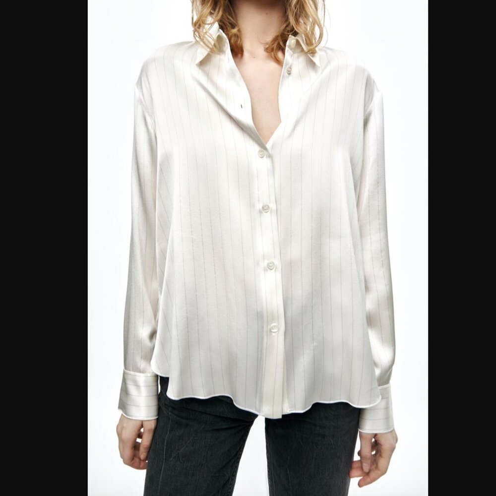 ZARA NEW STRIPED SILK SHIRT ZW COLLECTION  Ecru White 8902/110 Size M
